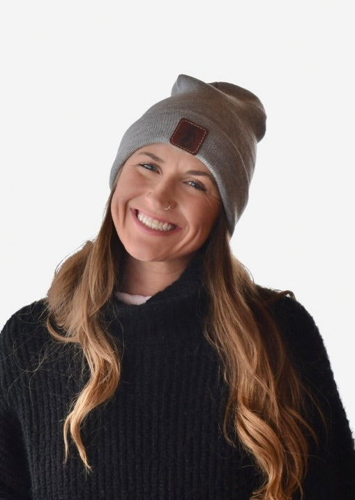 Gray Leather Patch Beanie